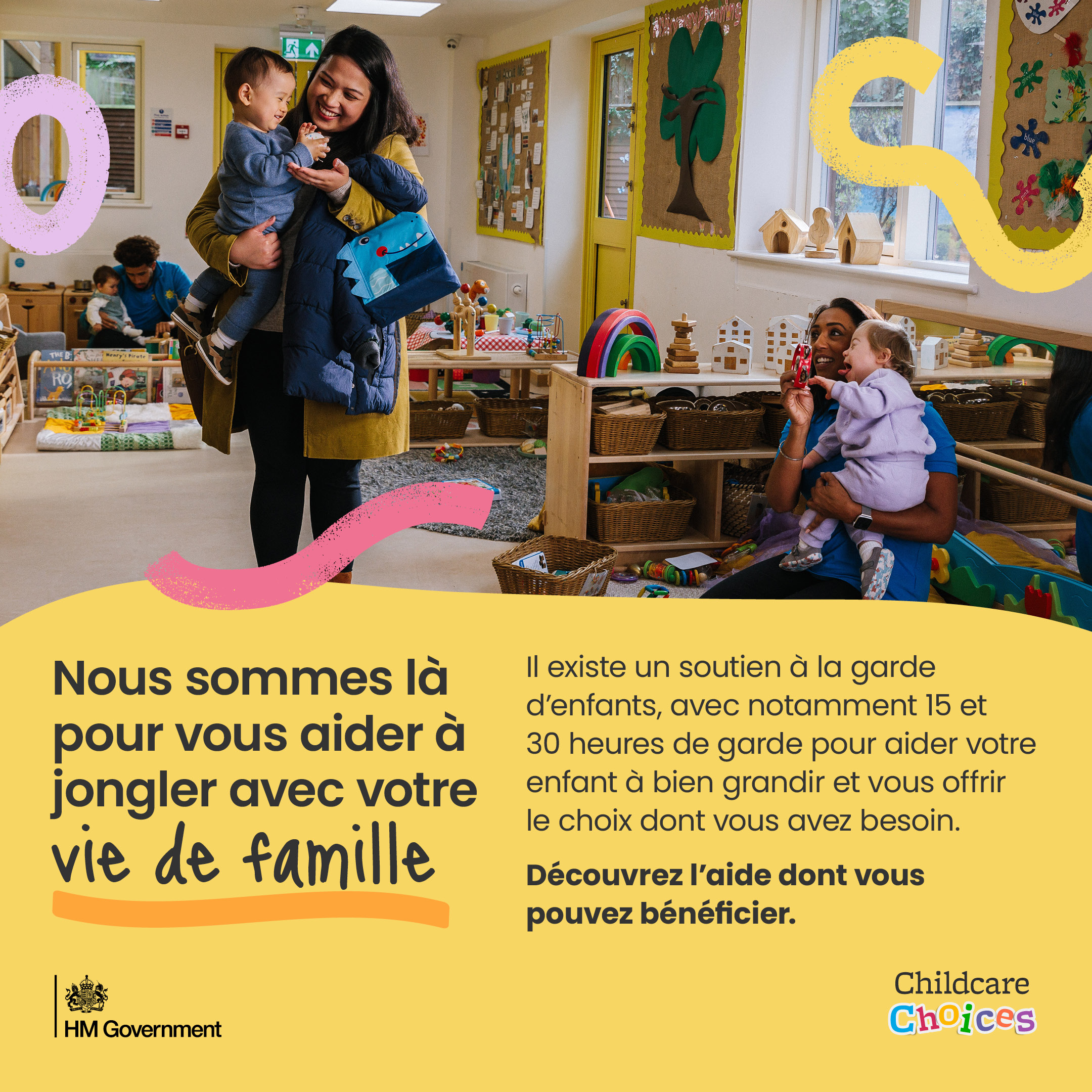 Yellow childcare graphic with image of parent picking child up from nursery